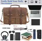 Mens Messenger Bag 15.6 Inch Waterproof Vintage Genuine Leather Waxed Canvas Briefcase Large Leather Computer Laptop Bag Rugged Satchel Shoulder Bag, Brown