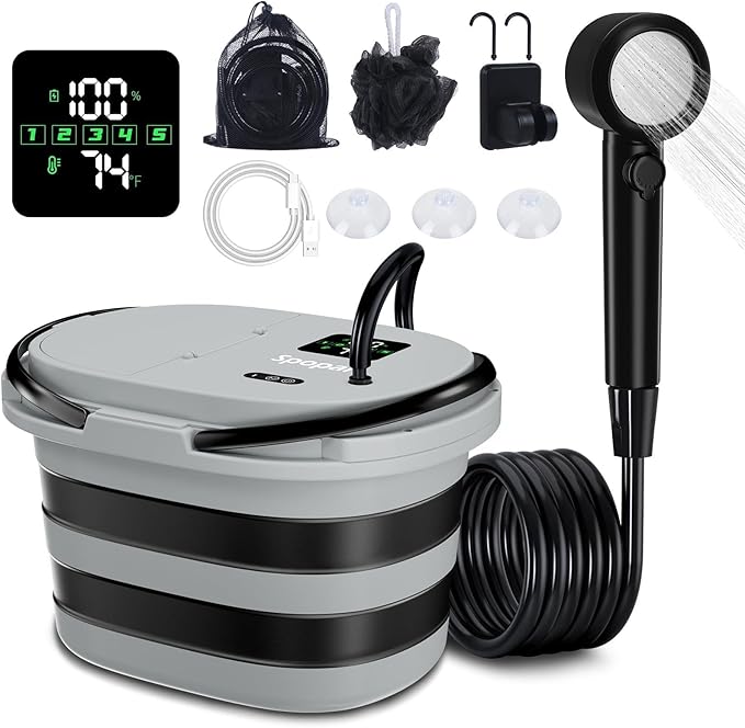 Spopal Portable Integrated Camping Shower with 20L Bucket, Temperature Measurement & Fruit Washing Mode, LED Digital Display, IPX8 Waterproof, 13000mAh Battery for Hiking, Travel, Car, Pet