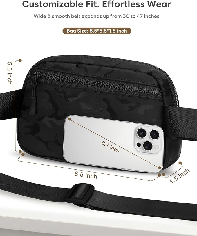 Pritent Fanny Packs for Women Cross Body Bag Waterproof Belt Bag with Adjustable Strap and Zipper Back Pocket Small Crossbody Bags Fashion Waist Packs for Workout Travelling(Camo Black)