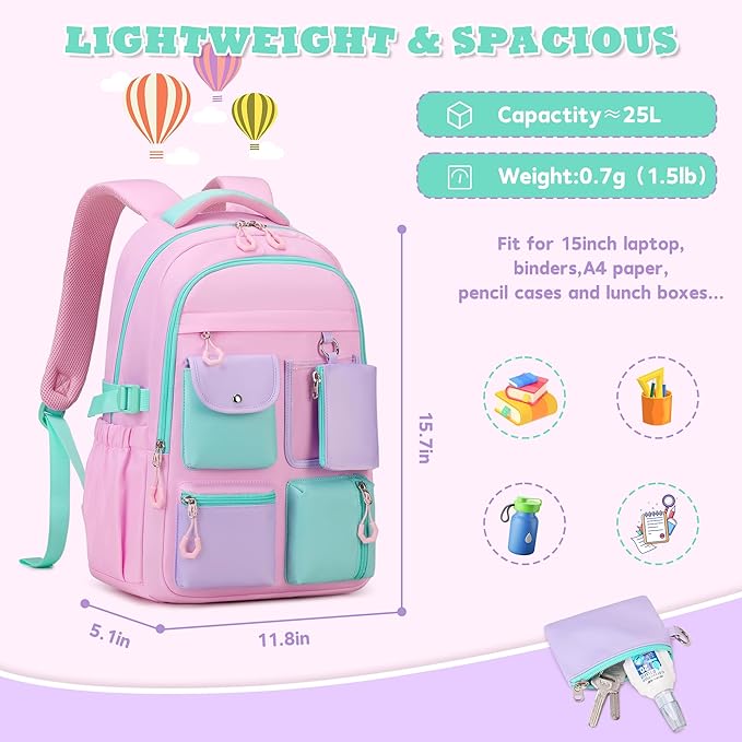 Kids Backpack, Backpack for Girls for Elementary School Multiple Pockets Ages 6-10(Pink)