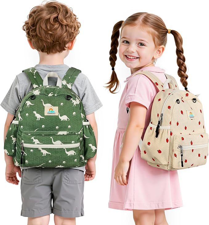 STEAMEDBUN Corduroy Toddler Backpack for Girls 2-4: Kids backpack for Boys Girls - 12 inch Preschool Kindergarten Backpacks - Strawberry