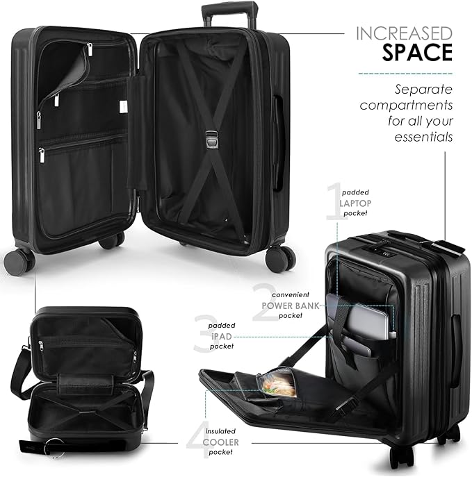 22 Inch Carry On Luggage 22x14x9 Airline Approved, Carry On Suitcase with Wheels, Hard-shell Carry-on Luggage, Black Small Suitcase, Hardside Luggage Carry On with Cosmetic Carry On Bag