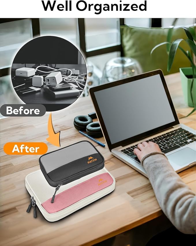 MATEIN Tech Organizer Travel Case 2 Pack for Couple, Water Resistant Charging Cord Organizer for Travel Accessories, Portable Electronics Bag for Purse, Cable, Phone & Slim Mouse, Gifts for Work