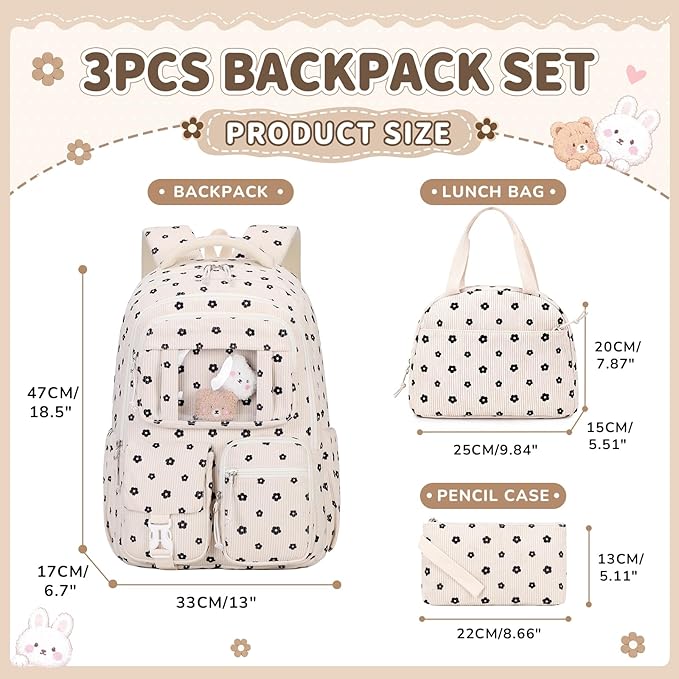 PIG PIG GIRL Corduroy Backpack 3PCS Kids Backpack for Girls School Bags for Middle School Students Book Bag for Elementary Primary Kawaii Ita Backpack with Lunch Box Pencil Case Set, Flower