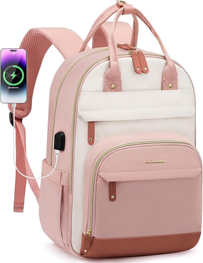 LOVEVOOK Laptop Backpack Women,15.6 inch Waterproof Work Travel Backpack Computer Laptop Bag,Cute College Nurse Teacher Backpack Purse,Gifts for Women & Men,Pink-Beige