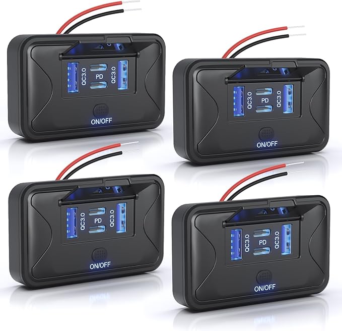 4PCS 108W 4 Ports 12V RV USB Switch Outlet, 2 * 36W PD3.0 Type-C + 2 * 18W QC3.0 Quick Charge Panel Wall Mount Car Charger Socket Waterproof Multi-Port Adapter for Marine Truck Boat ATV Bus