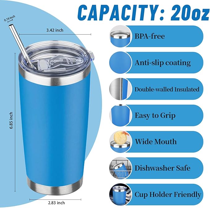 20 oz Tumbler with Lids and Straws, Stainless Steel Insulated Travel Coffee Mug, Double Wall Vacuum Insulated Tumblers, Powder Coated Coffee Tumbler for Cold & Hot Drinks (Sea Blue, 4 Pack)