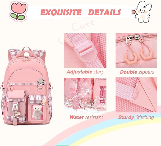 PRLINJSK Girls Backpack，Cute School Backpack for Girls Kids Teens，Kawaii Bookbag for Primary Elementary，Pink