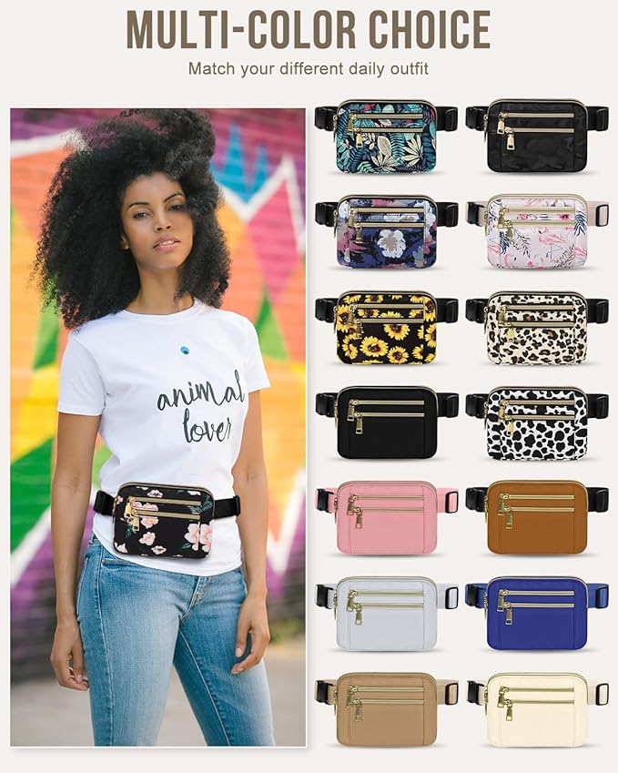 Capolo Fanny Packs for Women Fashion Waist Packs Bag with Adjustable Strap and 4 Zipper Pockets Waterproof Everywhere Crossbody Belt Bag for Workout Running Travelling(Black Flower)