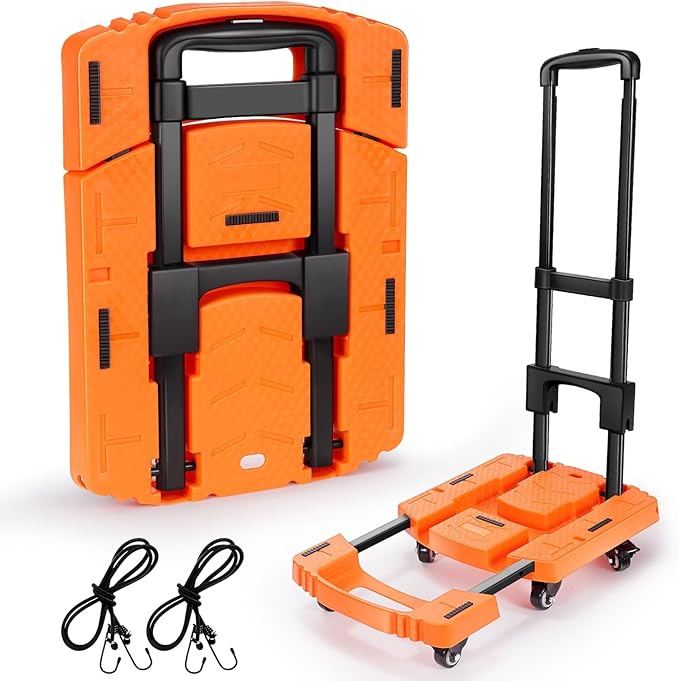 Folding Hand Truck with 6 Wheels and Elastic Ropes - Portable Heavy Duty Dolly Cart for Travel and Moving