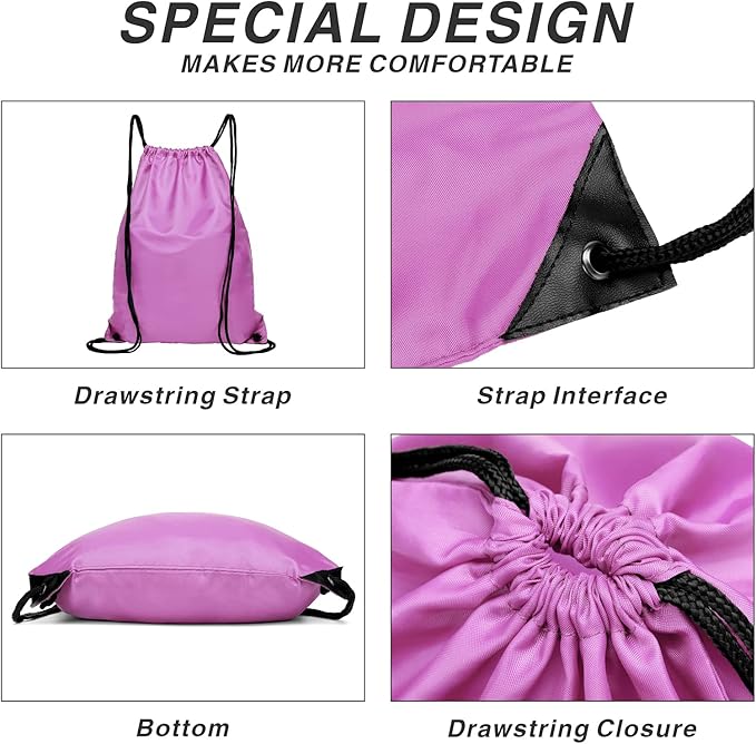 Drawstring Backpack Sports Water Resistant String Bag Sport Gym Sackpack for Women Men Large with Zipper, Pink