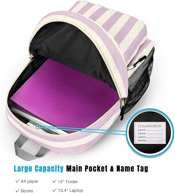 STEAMEDBUN Corduroy Kids Backpack for Girls Boys 3-8, Girls Backpack for Elementary Kindergarten - Stripe