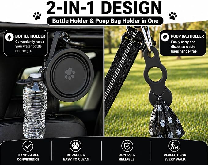 3-in-1 Travel Dog & Cat Bowl – Collapsible BPA-Free Silicone & 18/8 Stainless Steel, Portable & Non-Slip with Handle, Easy to Clean, Food & Water Bowl for On-the-Go Pets, Bottl/Poop Bag Holder