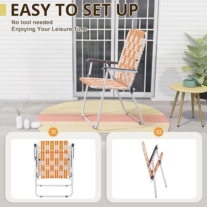 Folding Patio Lawn Webbed Chair Set of 2, Portable Outdoor Beach Chair for Adults, Camping Chair Steel Frame 300lbs Capacity for Yard, Garden Dining, Party, Picnic, 20.7" Seat Width