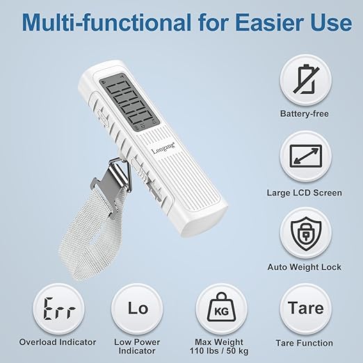 Battery-Free Digital Luggage Scale, 110lbs/50kg Portable Handheld Hanging Scale for Luggages, Suitcases, Backpacks & Bags, Easy Weighing for Travel, No Need Batteries (White)