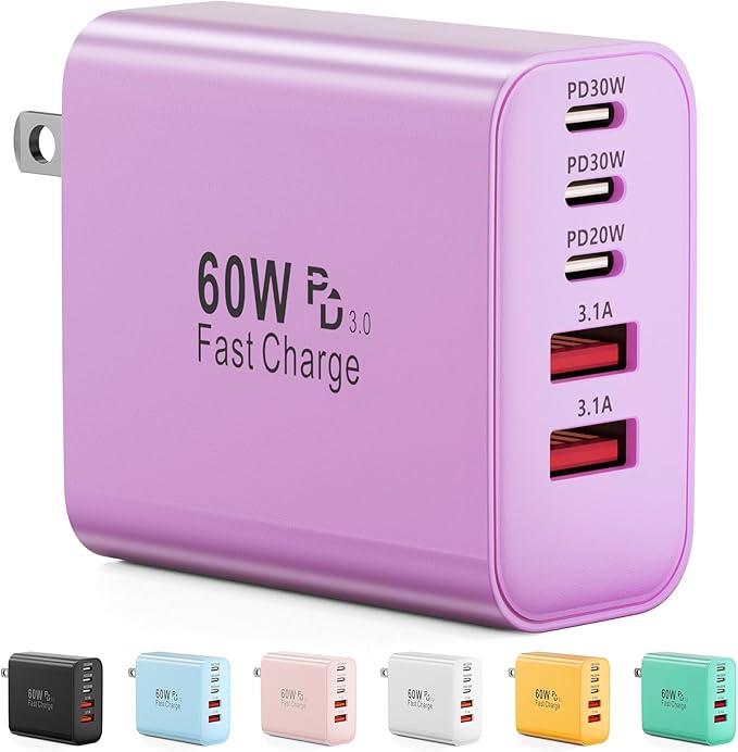 USB C Charger Block, 60W 5-Port Type C Charger Fast Charging Block, USBC USB Multiple Port Wall Charger Plug Adapter for iPhone 17/Air/16/15/14/13/12/11 Pro Max, Samsung Galaxy, iPad, Tablet (Purple)
