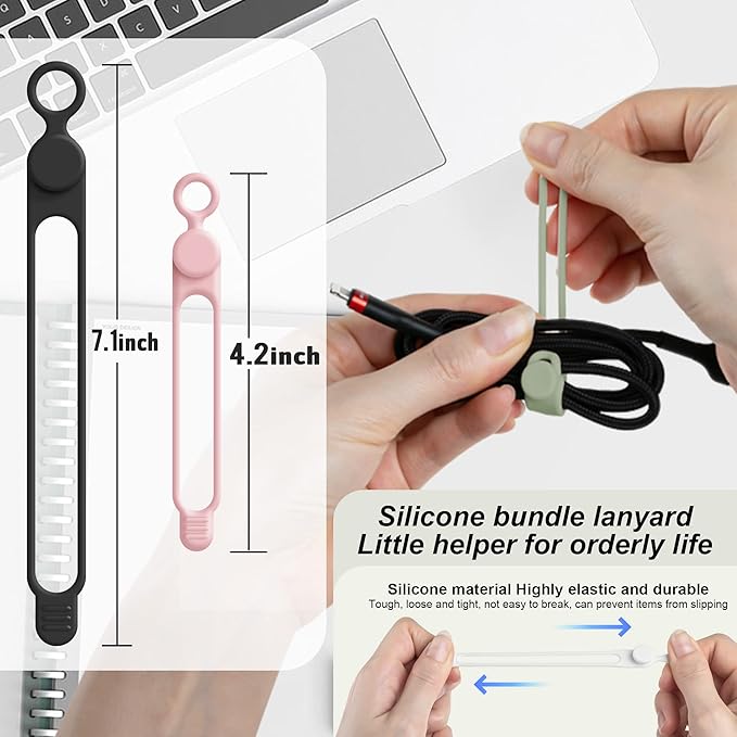 Silicone Cable Ties Cord Organizer for Cable Management, 24PCS 4.2" and 7.1" Reusable Cable Organizer Electronic Accessories for Home, Office, Kitchen, School, Travel (4 Colors)