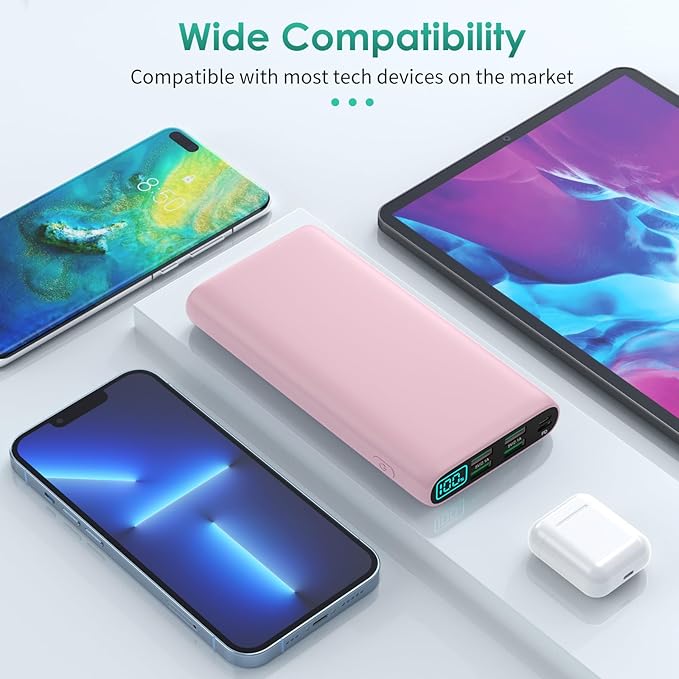 Portable Charger 38800mAh,LCD Display Power Bank,5 USB Outputs Battery Pack Backup, USB-C 3A in&out Travel Essential Portable Phone Charger For iPhone 17/16/15/14/13 Pro/12,Android Samsung Galaxy-Pink