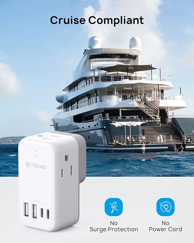 TROND Multi Plug Wall Outlet - Outlet Extender with 360° Rotating Plug, 3 AC Outlet Splitter with 4 USB Ports(2 USB C), 3-Sided Wall Outlet Expander, Small Plug Adapter for Home Cruise Essentials