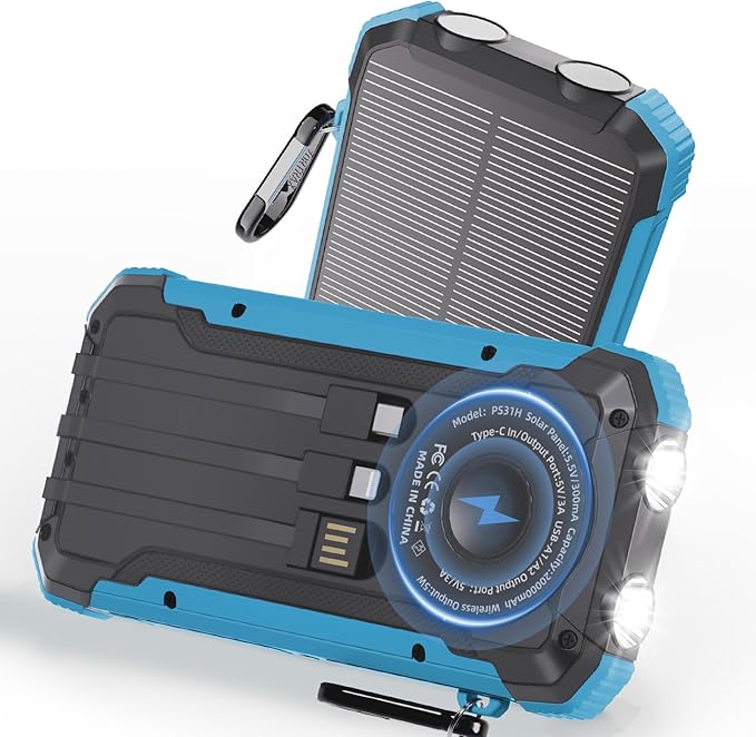 Power Bank Portable Solar Charger, Wireless Fast Charging Battery Pack, 20000mAh Capacity USB-C Input, 6 Outputs, Dual LED Flashlight, USB Battery Pack for Cell Phone Camping Travel Emergency (Blue)