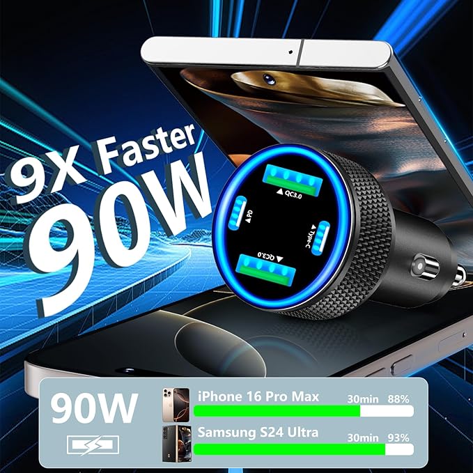 USB C Car Charger, KYOHAYA 2Pack 90W 4-Port Dual USB-C & USB-A Car Power Cigarette Lighter PD/QC3.0 Type C Car Carplay Charger Fast Charging for iPhone 17 17 Pro 16 15 14 13 12 11/Galaxy S26 S25/Pixel