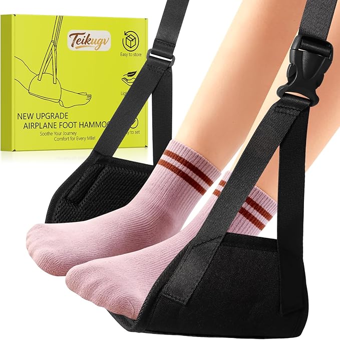 Airplane Foot Hammock, Travel Essentials Thickened Bamboo Foot Rest for Plane Travel with Adjustment Strap, Long Flight Must Haves (1-pcs Black)