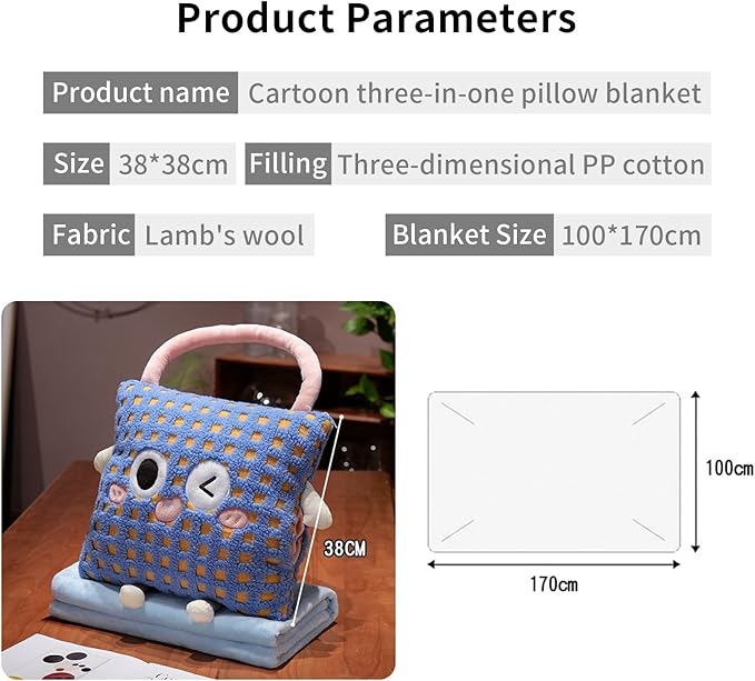 Plush Warm Hand Pillow with 67 * 59 Inch Compact Travel Blanket Warm Lambswool Pillow Portable 3 in 1 Combo Nap Pillow Blanket Plush Throw Pillow for Home Office（Blue 15inch）