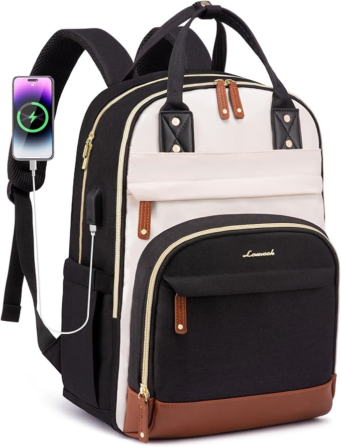 LOVEVOOK Laptop Backpack Women with USB Port Design,18.4 inch Waterproof Work Travel Backpack Computer Laptop Bag,Cute College Nurse Teacher Backpack Purse,Gifts for Women & Men,Beige-Black-Brown