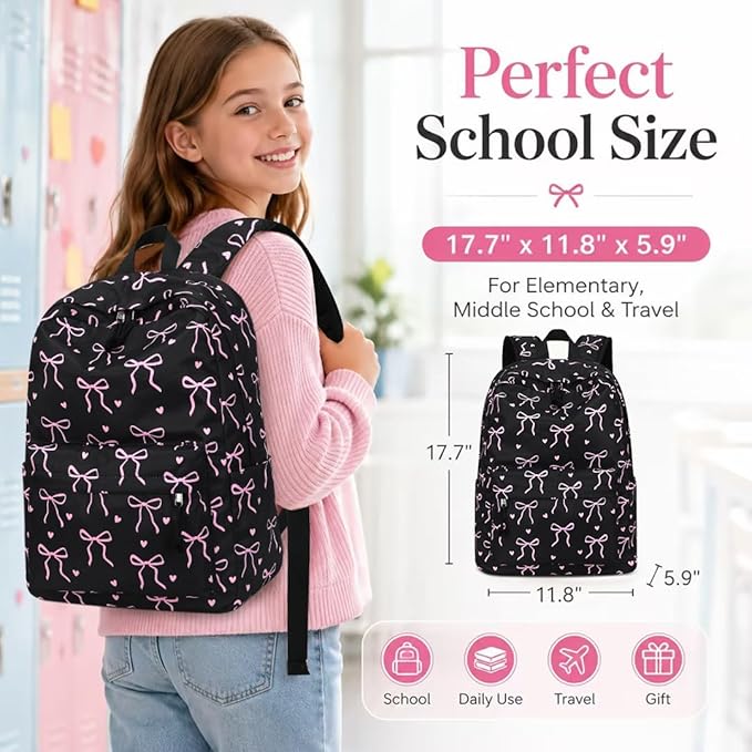 LOIDOU Backpack for Girls School Backpacks Bookbags for Elementary Middle School Women Laptop Backpacks (Bow tie Black, L-17)