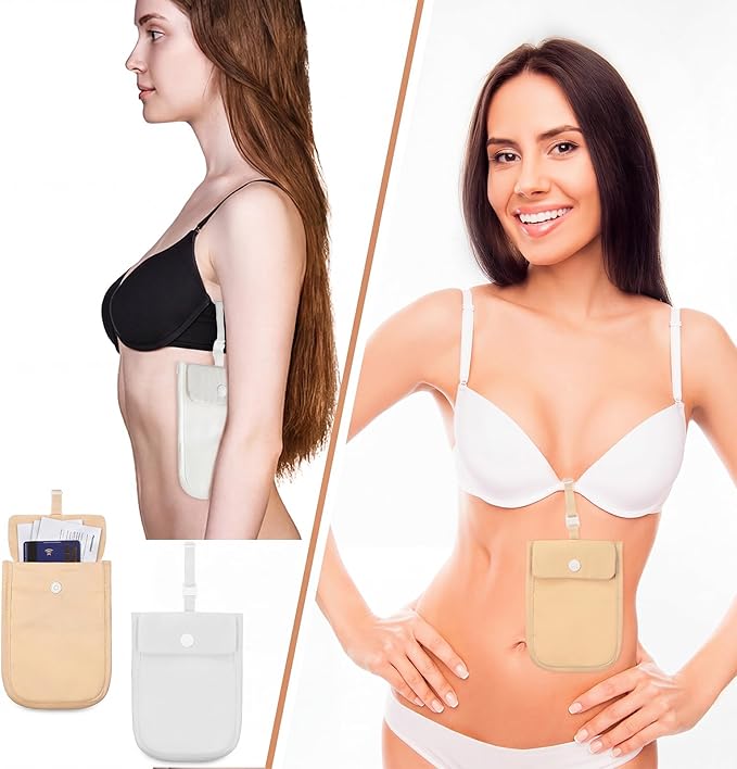 2 Pieces Travel Bra Wallet for Women Hidden Bra Wallet Pickpocket Proof Under Clothes Money Belt Pouch Secret for Passport Money Valuables(4 x 5.4 Inch,Nude, White)