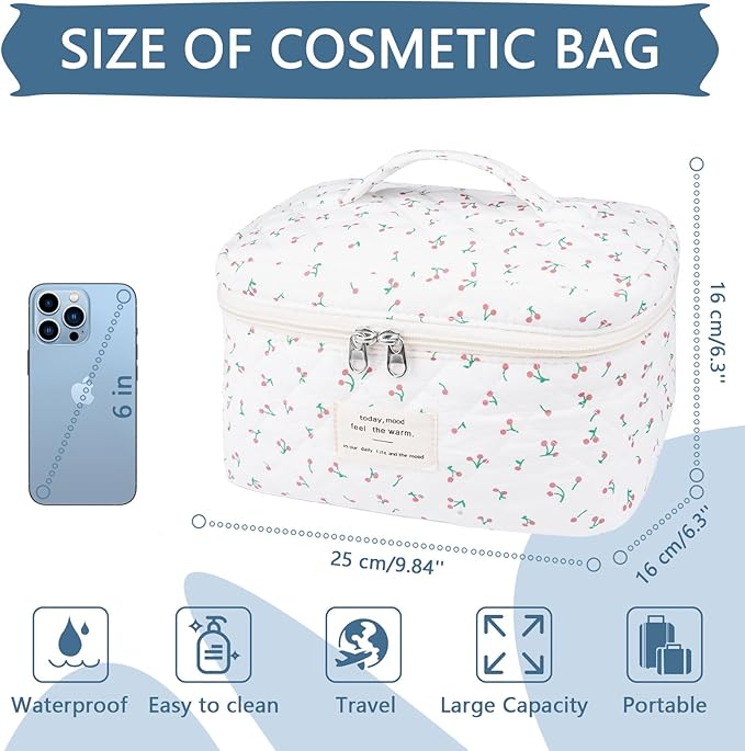 Gosect Large Travel Quilted Makeup Bag for Women,Big Floral Cotton Cosmetic Bag, Cute Coquette Aesthetic Floral Toiletry Organizer Bag (White Cherry)