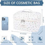 Gosect Large Travel Quilted Makeup Bag for Women,Big Floral Cotton Cosmetic Bag, Cute Coquette Aesthetic Floral Toiletry Organizer Bag (White Cherry)