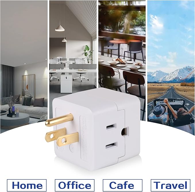 3 Outlet Wall Adapter UL Listed 3 Outlet Power Cube Tap, 3-Prong Outlet Splitter, Multi Plug Outlet Grounded Indoor, 3 Way Plug Adapter, Outlet Extender for Home or Travel (White, 1 Pack)