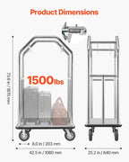 VEVOR Hotel Luggage Cart, 1500 lbs Heavy Duty Bellman Cart with Stainless Steel Frame, 8 in Rubber Wheels, Gray Carpeted Deck, Commercial Luggage Carrier Rolling Trolley for Hotels,Resorts,Silver