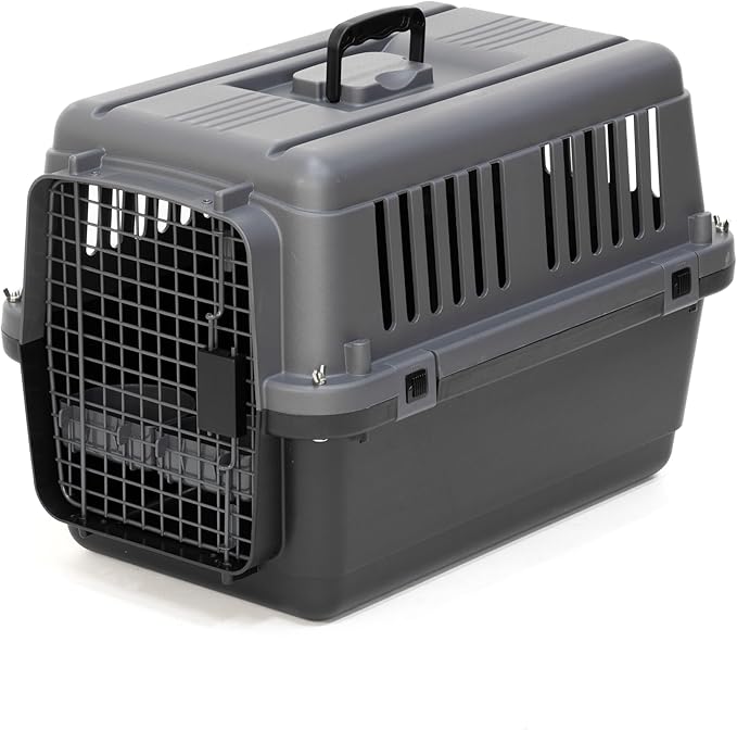 SportPet Airline Compliant Small 24" Travel Dog Kennel - Durable Plastic Airline Pet Carrier (No Wheels) & Food Bowls, Collapsible Indoor/Outdoor Dog Kennel, Dogs up to 21" L & 13" H - Dark Gray