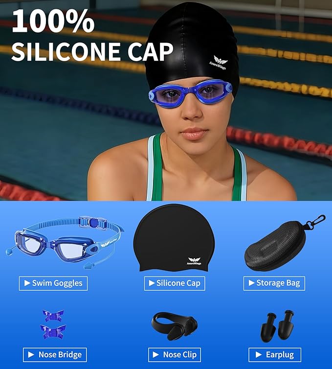 7 in 1 Swim Goggles + Swim Cap for Men Women,No Leak Anti-Fog & UV, Wide Visio HD Mirror PC Lens