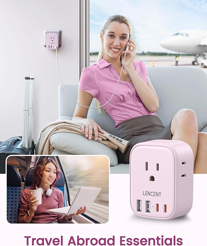 European Travel Plug Adapter, LENCENT US to Europe Type-C Foldable Power Plug with 4 Outlets 4 USB Ports (2 USB C), Power Adaptor for USA to EU Euro Iceland Spain Italy France Germany Greece, Pink