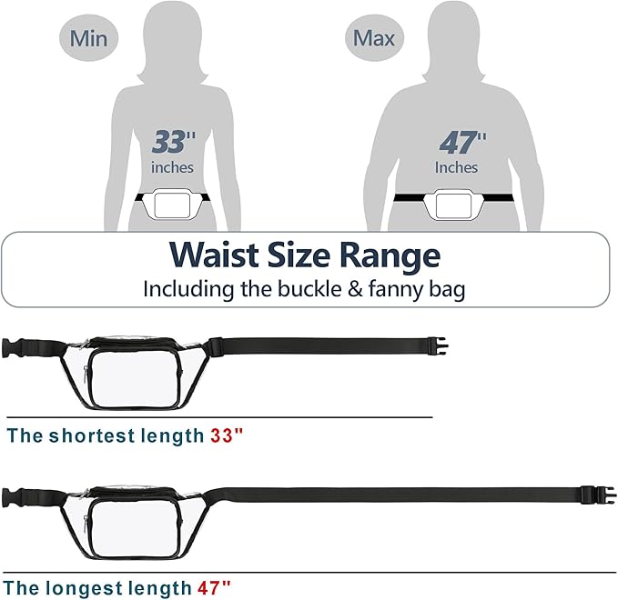 Veckle Clear Fanny Pack Stadium Approved - Adjustable 33-47 Inch Strap, Transparent Belt Bag for Women Men Fits 7.5-inch Smartphone, Waist Bag Clear Bag for Stadium Events, Sport, Concerts, Black