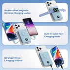 6 in 1 Magnetic Portable Charger for iPhone with Built-in Cables, 10800mAh 25W PD Fast Charging Power Bank, 6 Outputs LCD Display Travel Essential Battery Pack for iPhone 17/16/15/14/13/12 (Sky Blue)