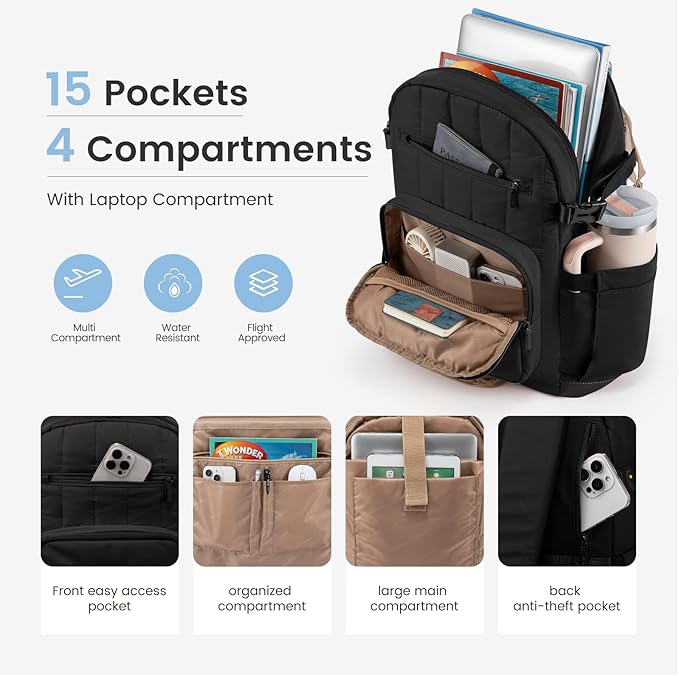 LOVEVOOK Laptop Backpack for Women with Giant Tumbler Holder Pocket,17 Inch Puffer Travel College Work Backpack Purse for Teacher Nurse,Waterproof Laptop Bag Computer Back Pack Casual Daypack,Black