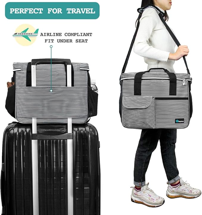 PetAmi Dog Travel Bag, Travel Pet Bag Organizer, Dog Food Travel Bag with Container Collapsible Bowls, Pet Travel Supplies Gift Accessories Weekend Camping, Puppy Cat Diaper Bag, Stripe Black Medium