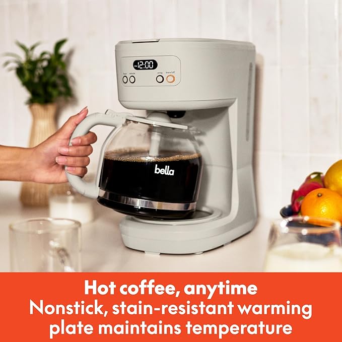 BELLA 12 Cup Programmable Coffee Maker, Reusable Dishwasher Safe Accessories, Easy LCD display, Auto Shutoff, 900 watt, Oatmilk