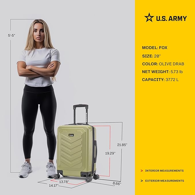 US ARMY Fox 20 inch Carry-On Hardside Luggage with Spinner Wheels | Lightweight Small Suitcase for Travel | Chevron Icon, Gel Handle, Side Studs, Retractable Trolley, Heavy Duty | Olive Drab