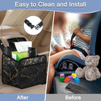 Car Backseat Organizer, PU Leather Back of Seat Cars Hanging Organizer with Pockets Leakproof Car Garbage Bag Hanging Cars Seat Storage Box Travel Accessories Foldable (Marble Black)