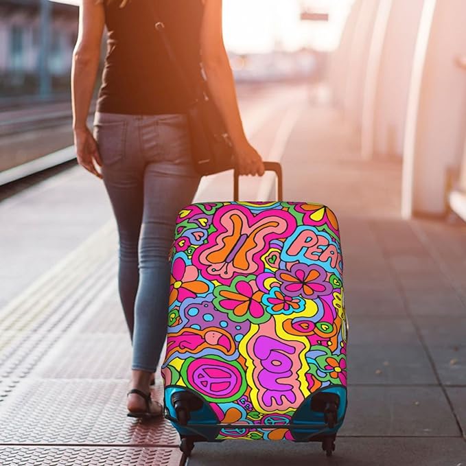 Travel Luggage Cover Suitcase Protector, Peace Sign Psychedelics Trippy Washable Elastic Stretchy Anti-scratch Travel Luggage Sleeve with Concealed Zipper for Wheeled Suitcase Fits 18-21 Inch Luggage