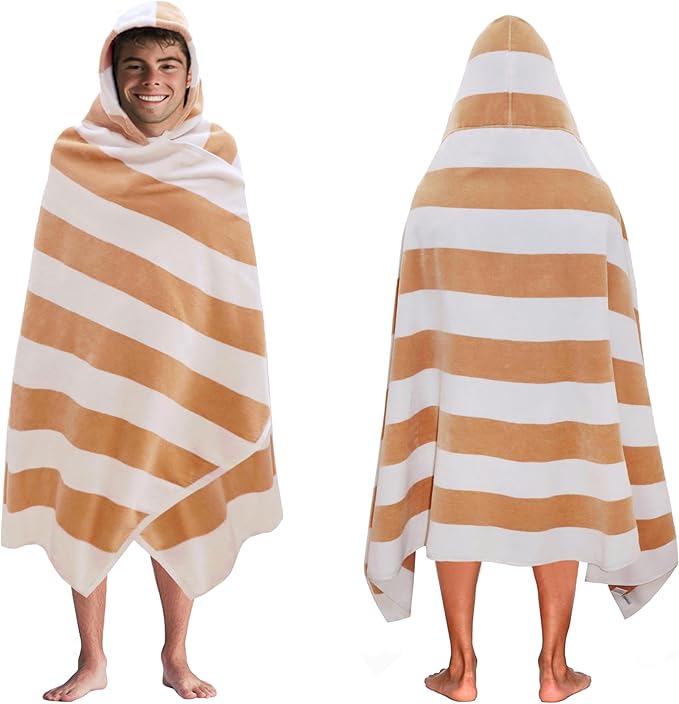 COTTON CRAFT Hooded Beach Towel – Oversized 35 x 70 Towel with Hood for Adults - 100% Cotton Velour Dobby Terry Towel - 450 GSM Pool Bath Wrap - Soft Absorbent Quick Dry – Cabana Stripe Linen