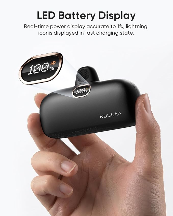 Kuulaa Small Portable Charger iPhone with Built-in Lightning Cable 5000mAh Power Bank Fast Charging for iPhone 14/13/13 Pro/12/12 Pro/11/XR/XS/X/8/7/6 Black