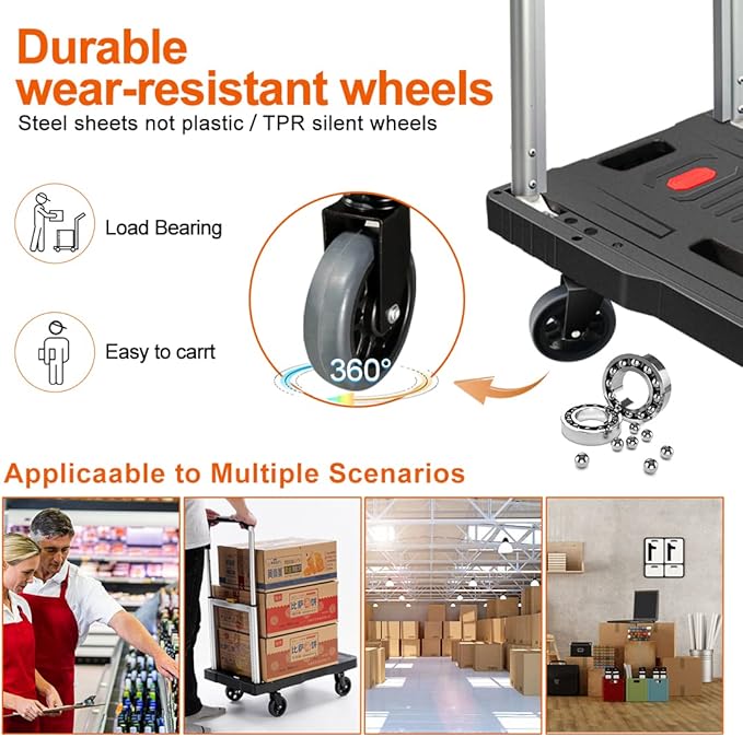 Folding Hand Truck Platform Truck 330 Lbs Heavy Duty Dolly Cart with Wheels, Fully Folded Push Cart, Portable Trolley Utility Cart for Easy Storage, Garage Moving Shopping Home Office