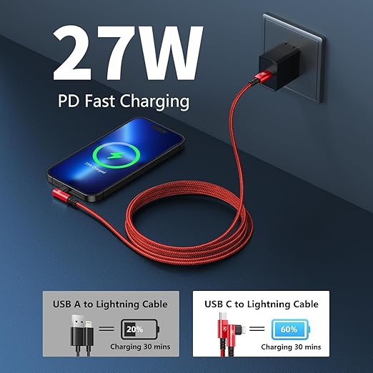 90 Degree USB C to Lightning Cable 10FT, iPhone Charger [Apple MFi Certified] 3Pack Fast Charging Cables Cord, Right Angle Braided USB C Lightning Cable for iPhone 14/13/12/11/Pro Max/Plus/8/7-Red