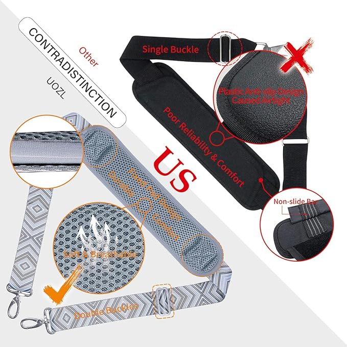 59 Inch Shoulder Straps, Soft with Ultra-Thick Fixed Shoulder Pad, Two Way Independently Adjustable Buckle Replacement Straps for Laptop Bag Messenger Bag Tool Bag Luggage,Grey Black